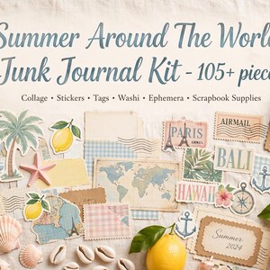 Può includere: Un kit per junk journal Summer Around The World con oltre 105 pezzi, inclusi rotoli di nastro washi, adesivi a forma di limone, sagome di palme, efemeridi a tema viaggio, francobolli, frammenti di mappe, conchiglie e icone di ancore.