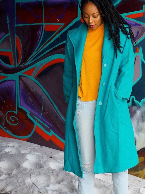 Turquoise Vintage Wool Maxi Coat, 80s