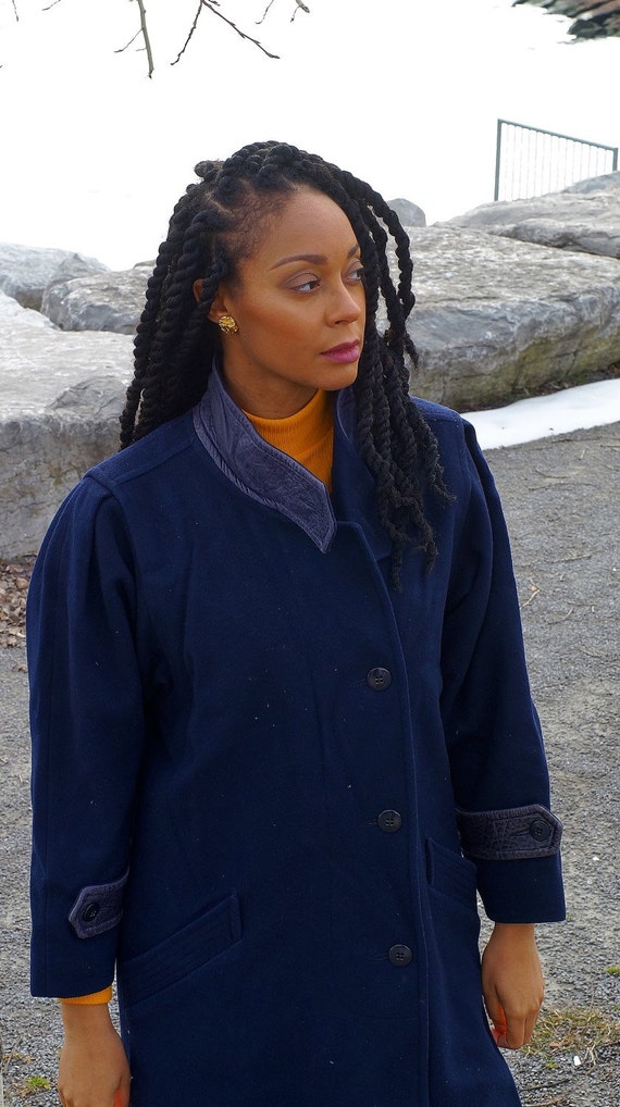 80s Vintage Navy Wool Coat, Maxi length