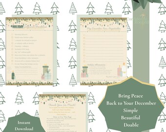 Pode incluir: Um mini-checklist imprimível de autocuidado de férias com um laço verde e um padrão de árvore de Natal. A lista de verificação inclui seções para cuidados com a pele matinais, afirmações e tarefas de dezembro. O texto diz "Bring Peace Back to Your December".