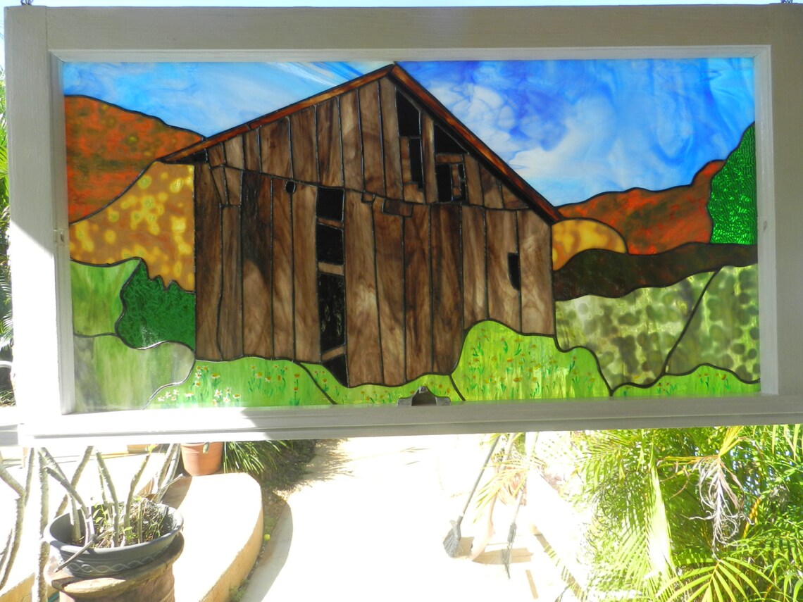 Old Barn Stained Glass by Martha in Old Window Frame. Etsy