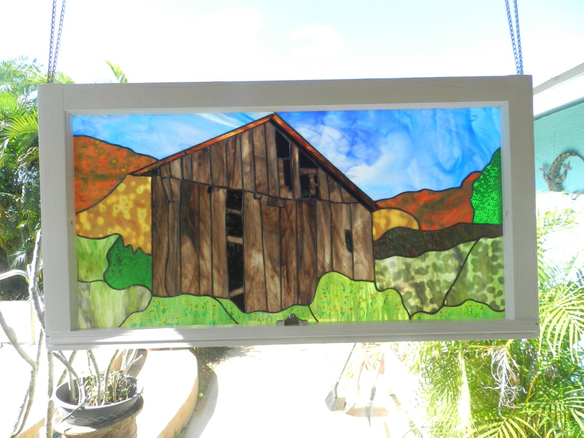 Old Barn Stained Glass by Martha in Old Window Frame. Etsy