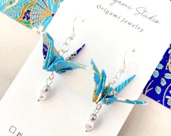 Crane Origami  Earrings【light Blue】 Pearls, Light weight Water resistance (Gold or Silver options) Japanese jewelry Gift for her
