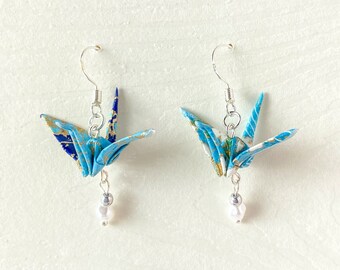 Crane Origami Earrings【light blue】 pearls, light weight, water resistant (gold or silver options) Japanese jewelry Mother's day gift