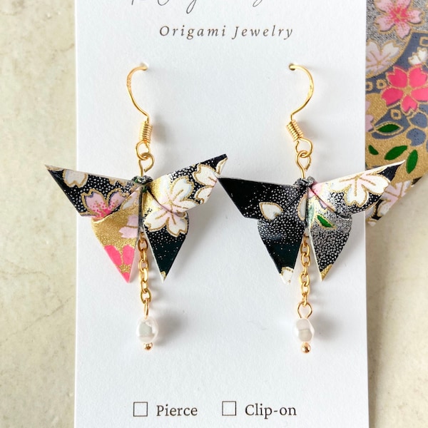 Butterfly Origami Earrings【Black Sakura】dangling earrings Light Weight Hypoallergenic Yuzen Washi