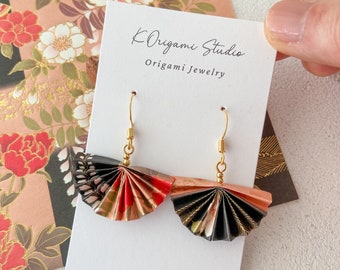 Fan Origami Earrings【black & pink】Hypoallergenic 18K gold plated earring hooks light weight unique jewelry Japanese chiyogami