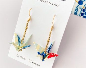 Crane Origami Earrings [white and blue] chain Light weight Yuzen washi, water resistant Mother's day gift