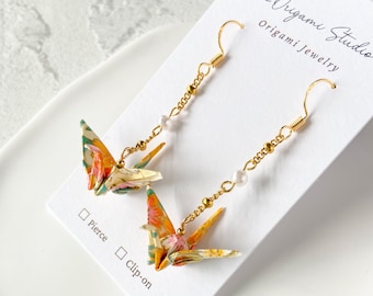 Crane Origami Earrings【Orange】pearls & chain Light weight Dangle earrings Japanese paper Yuzen Mother's day gift