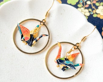 Crane Origami Hoop Earrings Hypoallergenic 18K Japanese paper Light weight water resistant Unique gift idea aesthetic earrings
