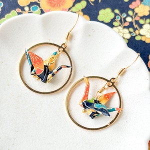 Crane Origami Hoop Earrings Hypoallergenic 18K Japanese paper Light weight water resistant Unique gift idea aesthetic earrings