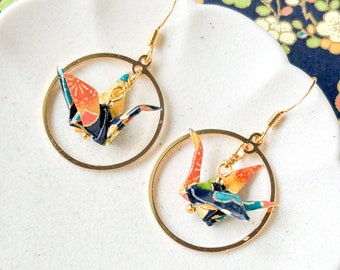 Crane Oeigami Hoop Earrings: Dark blue, Plum blossoms, Japanese Washi Paper, Gift