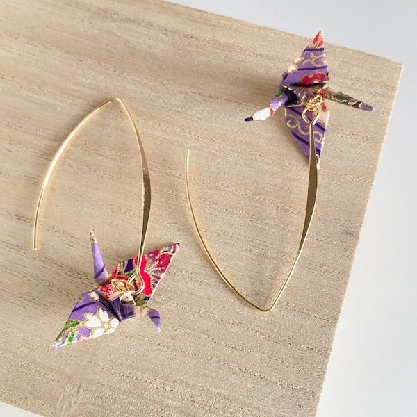 Crane Origami Earrings [Purple and Gold] V shape ear wire hook Hypoallergenic lightweight Yuzen washi