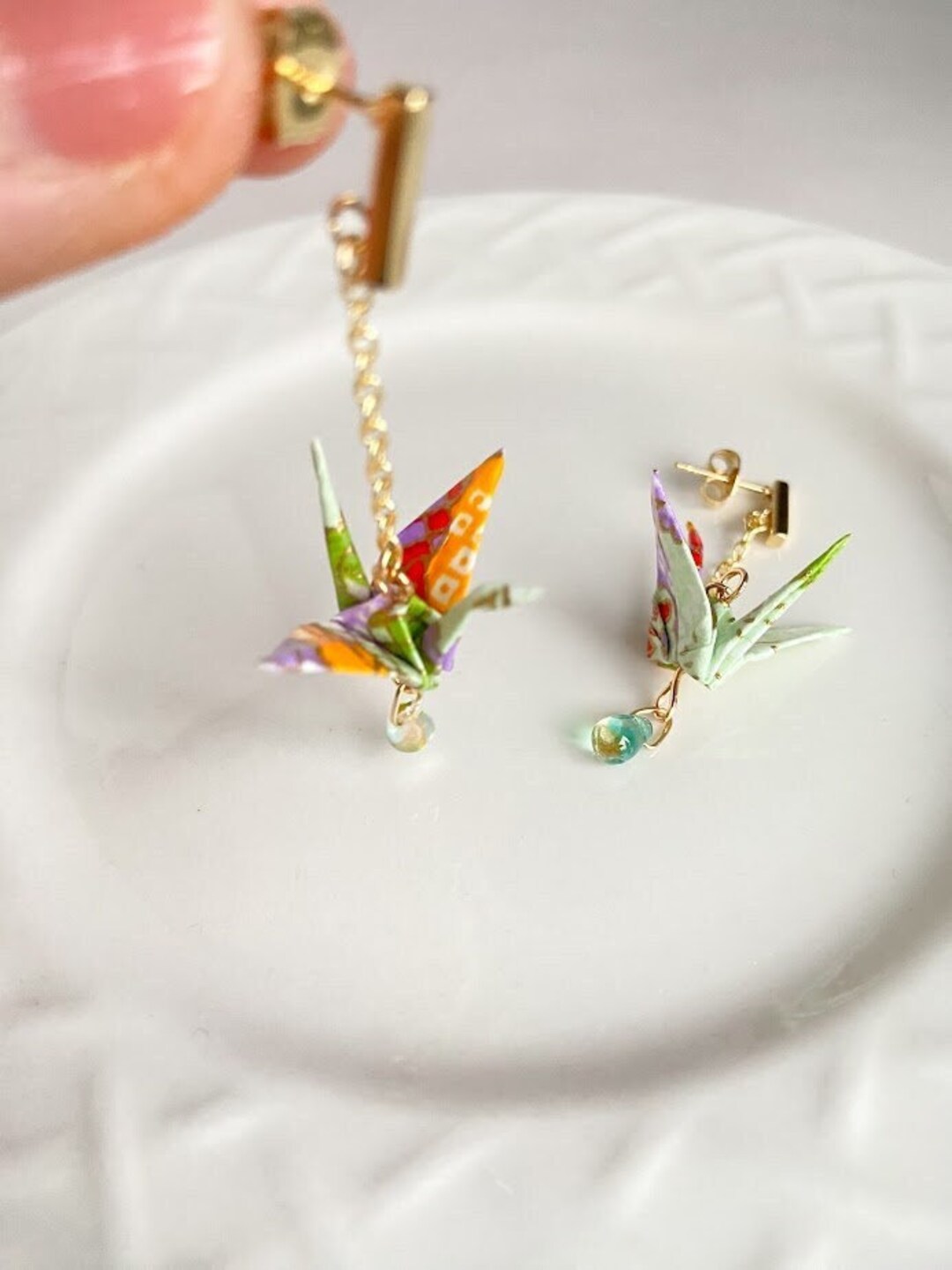 White Iridescent Origami Crane Crystal Earrings
