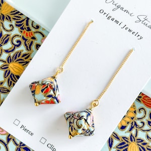 Geometric Origami  Earrings 【Light blue】Threaders, Light weight, Yuzen washi, water resistance, Japanese jewelry, Unique gift idea