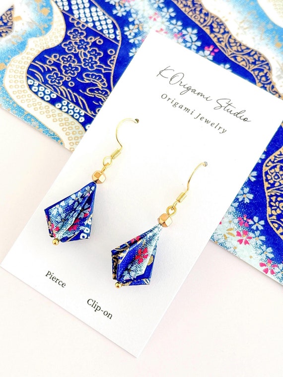 Teardrop Origami Earrings【blue】 Light Weight Japanese Paper 