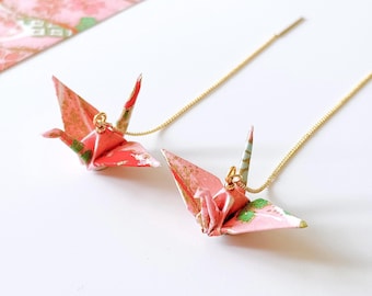 Pink Crane Origami Earrings, Japanese Yuzen Washi Paper, Threaders