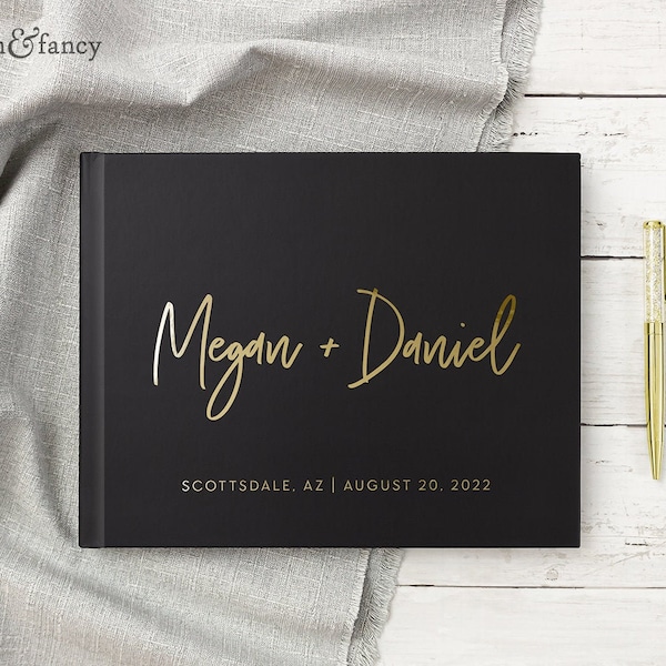 Wedding Guest Book Real Gold Foil Black Wedding Guestbook Hardcover Landscape Wedding Photo Album, Colors Available