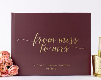 Bridal Shower Guest Book Future Mrs from Miss to Mrs Burgundy Red Gold Personalized Wedding Album or Guestbook, Colors Available