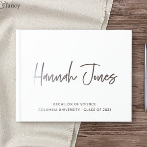 Graduation Guest Book Custom College Graduation Party Photo Album, Signature Well Wishes Book for Graduating Student, White Silver Foil
