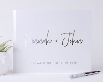 Wedding Guest Book, Modern Wedding Guestbook with Raised Silver or Gold Foil, Hardcover Personalized Bridal Shower Wedding Gift Idea