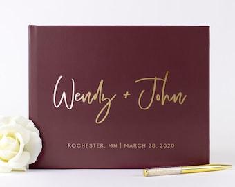 Wedding Guest Book Gold Foil Custom Guestbook Personalized Bridal Shower Gift idea, Wine Burgundy Photo Album Wedding Keepsake