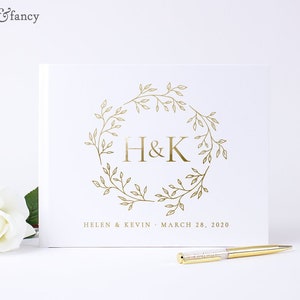 Floral Wreath Wedding Guest Book, Alternative Gold Foil Wedding Guestbook Monogram Wreath, Custom Wedding Photo Book with Initials