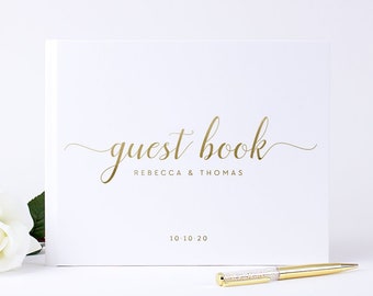 Gold Foil Wedding Guest Book Alternative, White and Gold Custom Wedding Guestbook, Rustic Unique Sign In Bridal Shower Gift Ideas