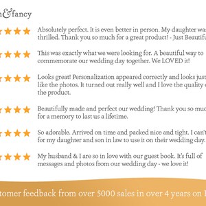 May include: Customer feedback from over 5000 sales in over 4 years on Etsy.  Five-star reviews highlight the quality, personalization, and beauty of the product.  The reviews mention the product is perfect for weddings and other special occasions.