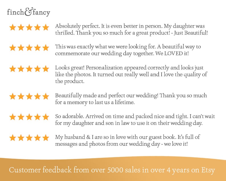 May include: Customer feedback from over 5000 sales in over 4 years on Etsy.  Five-star reviews highlight the quality, personalization, and beauty of the product.  The reviews mention the product is perfect for weddings and other special occasions.