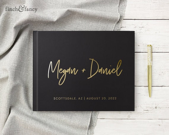 Wedding Guest Book Real Gold Foil Black Wedding Guestbook Hardcover Landscape Wedding Photo Album, Colors Available