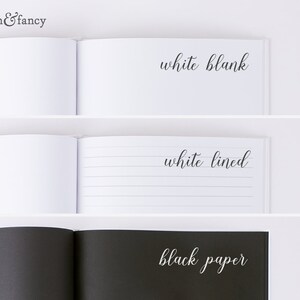 May include: Three open notebooks with different paper types: white blank, white lined, and black paper. The text "white blank", "white lined", and "black paper" is written in black cursive on each notebook.