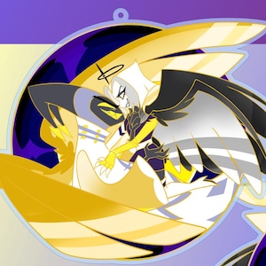 May include: A double-sided, holographic 2.25-inch acrylic charm featuring a stylized character design with yellow, black, and white accents. The charm has a gunmetal heart clasp and is designed by SEGAMew. The text "Gravity" is visible.