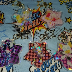 2&quot; Modern Glitter Holographic Acrylic Charm Sonic Shadow Amy Rose Hedgehog Tails Rouge Bat Mephiles the Dark
