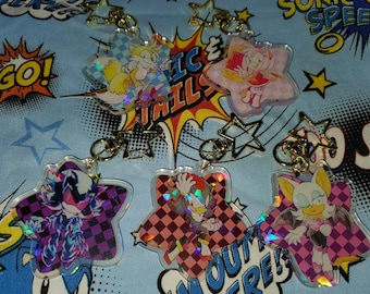 2" Modern Glitter Holographic Acrylic Charm Sonic Shadow Amy Rose Hedgehog Tails Rouge Bat Mephiles the Dark