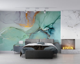 Turquoise Gold Marble Peel and Stick Wallpaper Colorful Marble Art Mural  Abstract Art Wall Decor NonWoven Bedroom Wallpaper Ideas