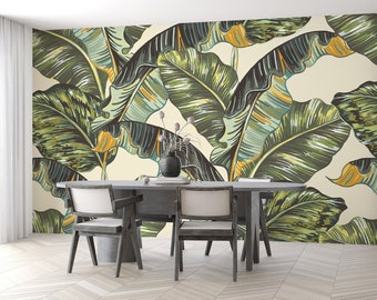 Tropical Palm Leaves Peel & Stick Wallpaper Jungle Green Leaf Wall Mural Bedroom Wall Decal NonWoven Dark Green Leaves Wallpaper