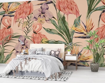 Tropical Leaves and Flamingos Peel & Stick Wallpaper Green Leaf Wall Mural Bedroom Wall Decal NonWoven Tropical Leaves Wallpaper