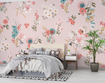 Floral Peel & Stick Wallpaper Unpasted and Colorful Flowers Wall Mural Floral Wall Decal for Bedroom Floral Wallpaper for Living Room