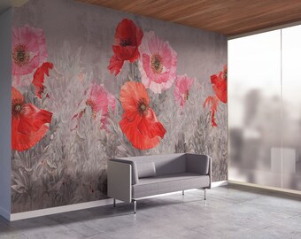 wallcovering Field of poppies on a sunset wallmural repositonable photomural mural photo Poppies Field traditional or removal mural