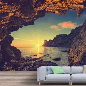Vintage Sea Amazing Sunset from the Mountain Cave Wallpaper – Groove on the Enchanting and Extraordinary Scenery Peel & Stick Unpasted