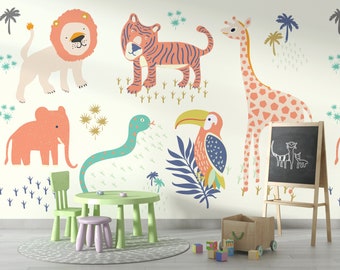 Kids Safari Animals Peel and Stick Wallpaper Cute Tiger Lion Elephant Giraffe Removable Wall Mural Kids Bedroom Cute Animals Wall Decal