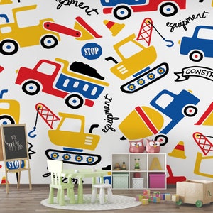 Cartoon Construction Vehicles Wallpaper  Large Wall Mural  Selfadhesive Wallpaper Removable Wallpaper Peel & Stick Wall Decal