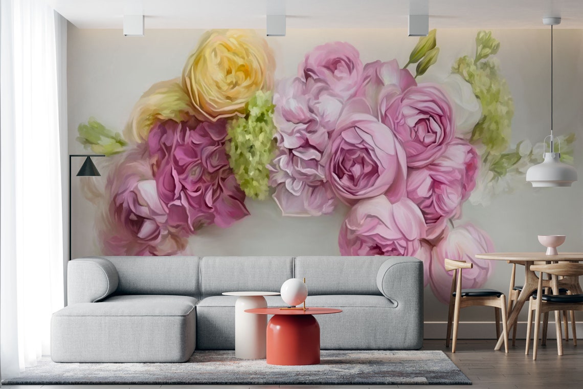 Large Wallpaper of Peonies Hydrangea Roses Self-adhesive - Etsy