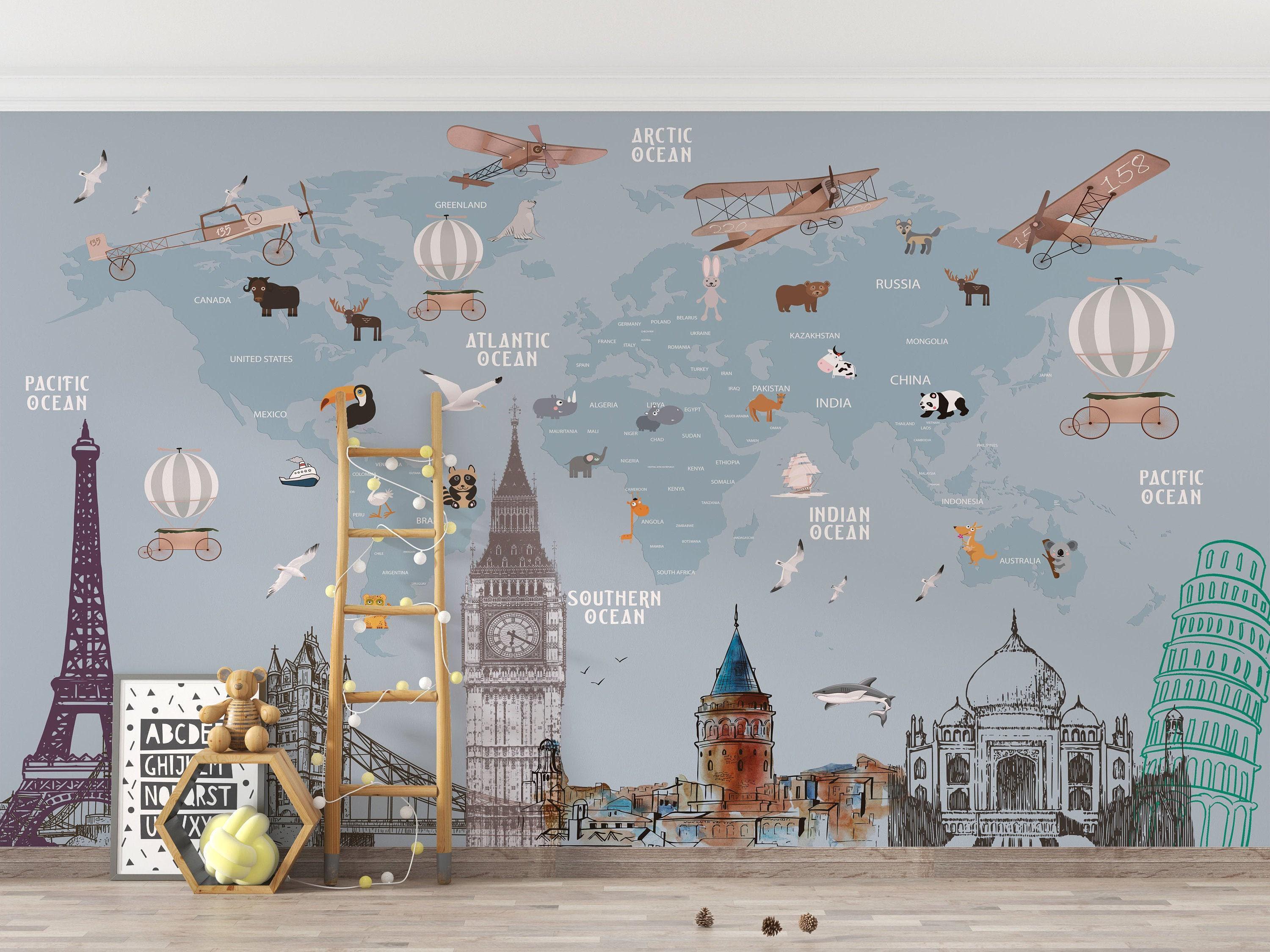 Kids World Map Wallpaper Animals & Landmarks Peel and Stick Mural - Etsy