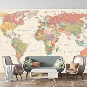 Enorme carta da parati con mappa del mondo, educativa, facile da installare, rimovibile. Un tocco di colore eccellente e brillante per gli spazi interni. Stacca e attacca senza colla.