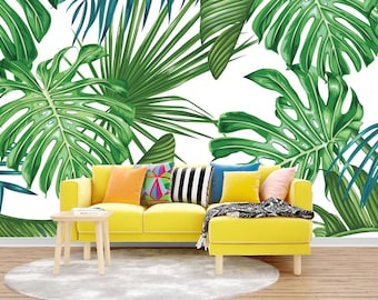 Tropical Palm and Monstera Leaves Peel & Stick Wallpaper Green Leaf Wall Mural Bedroom Wall Decal NonWoven Dark Green Leaves Wallpaper