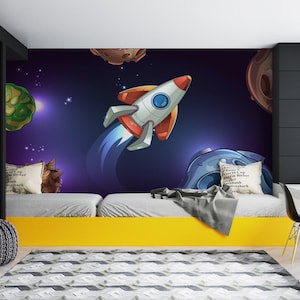 宇宙ロケットと惑星、月、星の大きな壁画、自己粘着布壁紙、剥がせる壁紙、剥がして貼る壁用デカール
