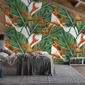 Tropische Palmenblätter Paradiesvogel Blumen Tapete Dschungel Muster Selbstklebendes entfernbares Vlies