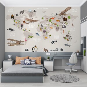 Papel pintado con mapa del mundo de animales, mural de pared grande, papel pintado de tela autoadhesivo, papel pintado removible, calcomanía de pared despegable y pegable