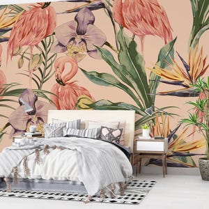 Tropical Leaves and Flamingos Peel & Stick Wallpaper Green Leaf Wall Mural Bedroom Wall Decal NonWoven Tropical Leaves Wallpaper